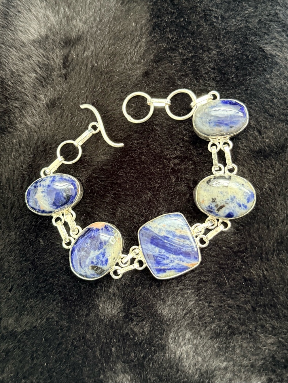 Handmade Silver and Sodalite Gemstone Bracelet: 925 Sterling Silver, Adjustable